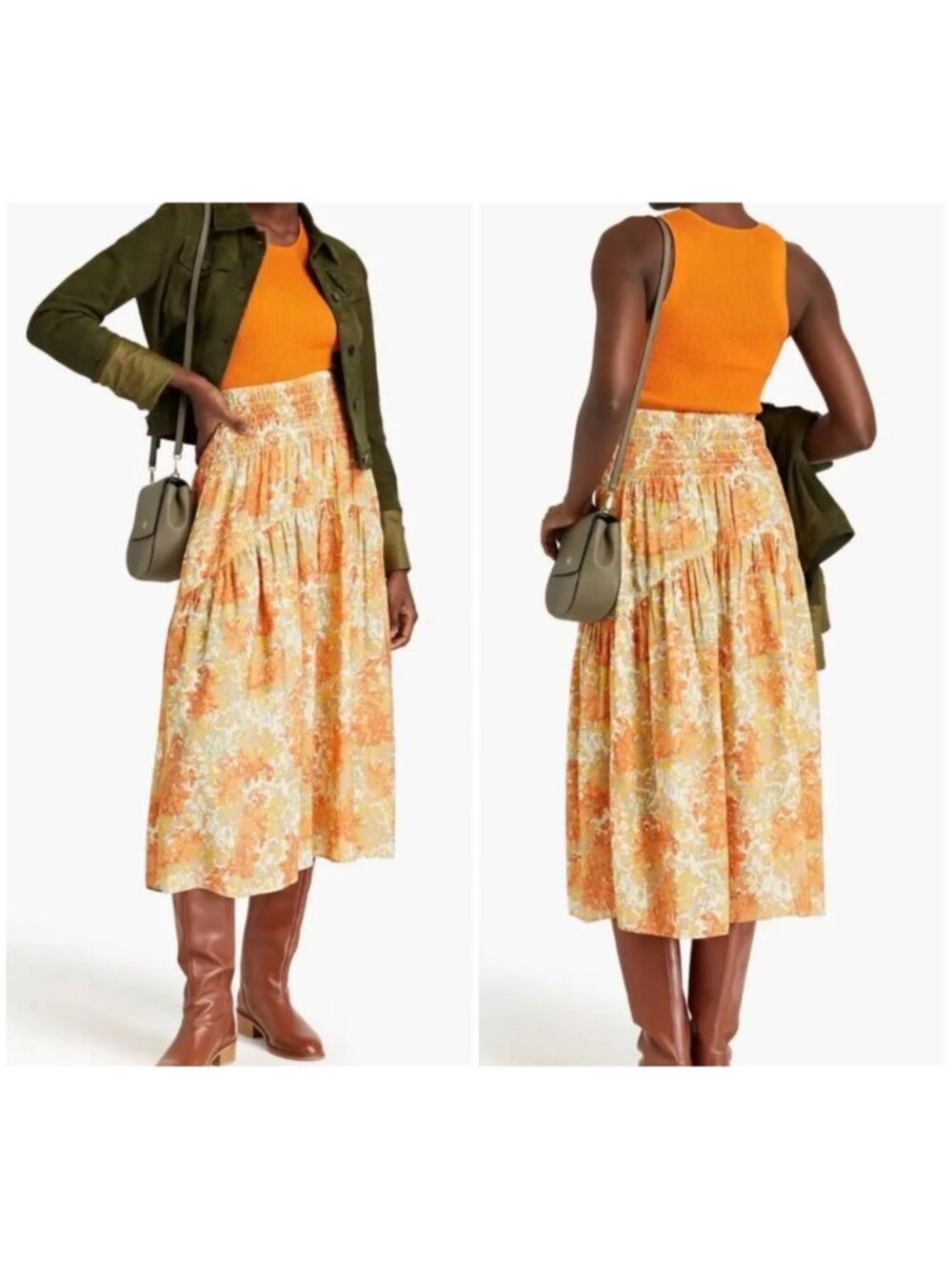 Vince Midi A Line Tiered Skirt Smocked Garden Floral Print Orange Breathable Lig